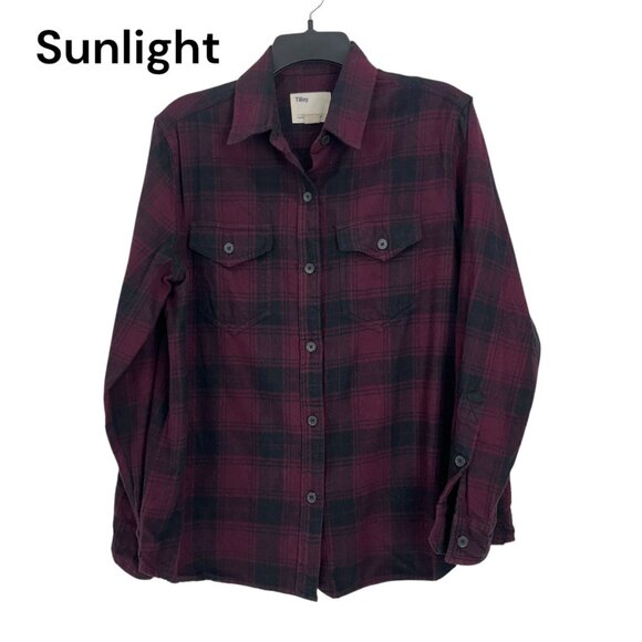 Tilley Womens Long-Sleeve Plaid Button-Up Shirt SZ L Cotton Blend BurgundY Black - Picture 1 of 11